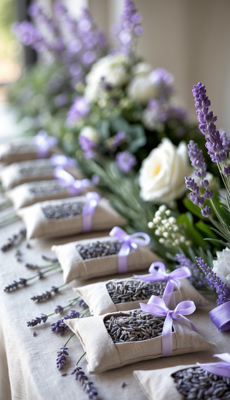 A wedding entry table decorated with lavender-scented sachets tied with ribbons, surrounded by lavender flowers and greenery.